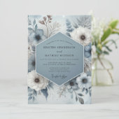 Steel Blue Frosted Bloom Wedding Kaart (Staand voorkant)