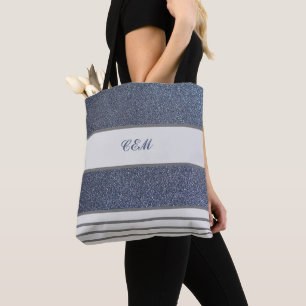 Steel Blue Glitter Monogrammed Tote Bag