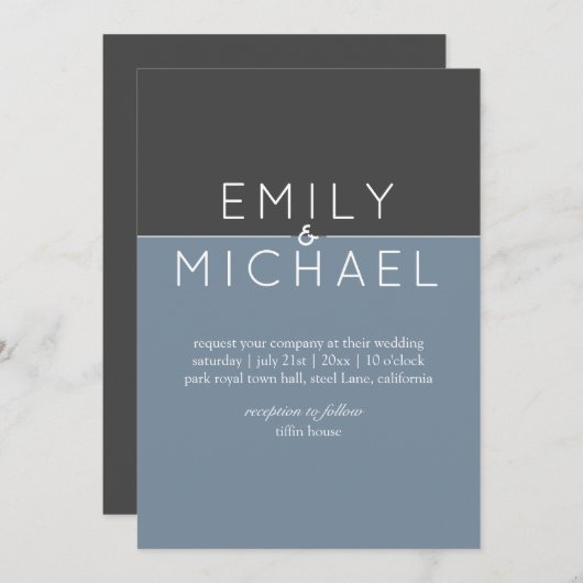 Steel Blue Modern Wedding Invitation - Vet Kaart (Voorkant / Achterkant)
