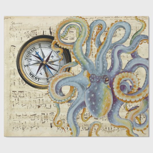 Steel Blue Octopus Music Compass Cadeaupapier (Vlak)