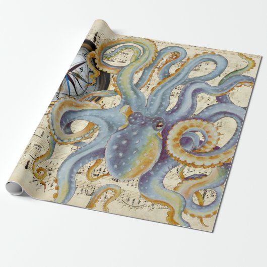Steel Blue Octopus Music Compass Cadeaupapier (Uitgerold)
