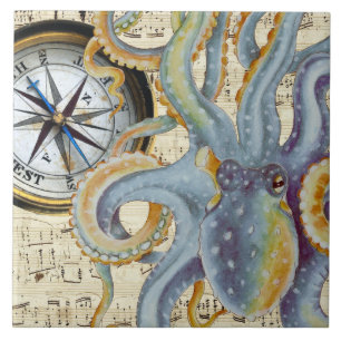 Steel Blue Octopus Music Compass Tegeltje