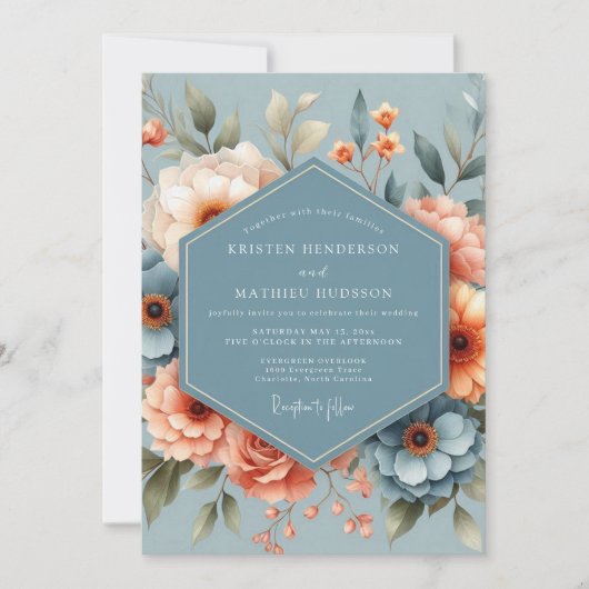 Steel Blue Peach Romantic Wedding Kaart (Voorkant)