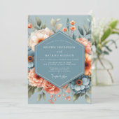 Steel Blue Peach Romantic Wedding Kaart (Staand voorkant)
