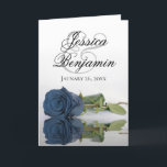 Steel Blue Roos Elegant Romantic Photo Wedding<br><div class="desc">Deze prachtige huwelijksuitnodigingen zijn voorzien van een verbluffend design met één enkel stalen blauw roos met lange stembanden dat in water reflecteert met golven en rimpels. De voorzijde toont de eerste namen van het paar in fancy manuscript het schrijven. Binnen is ruimte voor de foto van het stel samen met...</div>