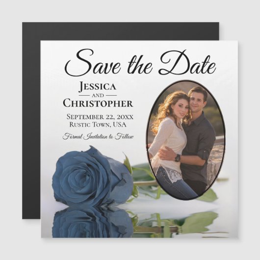 Steel Blue Roos Wedding Save the Date Photo Magnet (Voorkant / Achterkant)