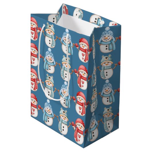Steel Blue Snowmen Medium Gift Bag Cadeauzakje (Achterkant Gekanteld)