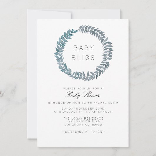 Steel Blue Vine | Waterverf krans Baby shower Kaart (Voorkant)