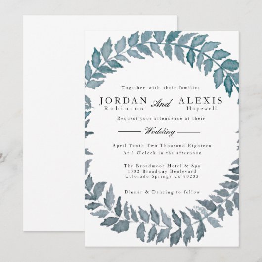 Steel Blue Vine | Waterverf krans bruiloft Kaart (Voorkant / Achterkant)