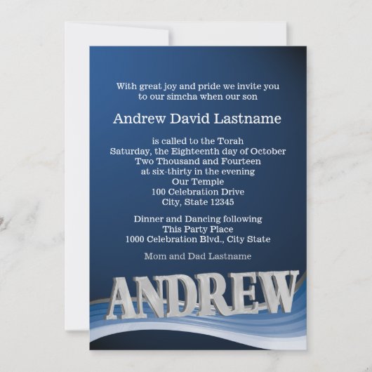 Steel Blue Wave Name Bar Mitswa Kaart (Voorkant)