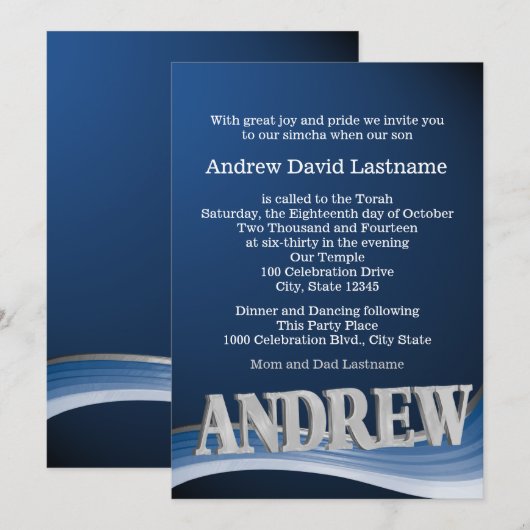 Steel Blue Wave Name Bar Mitswa Kaart (Voorkant / Achterkant)