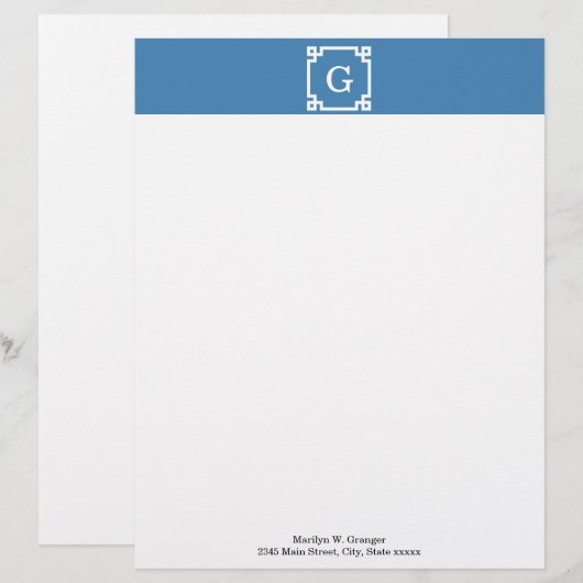 Steel Blue WhGreek Key Lijst #2 Initiaal Monogram Persoonlijk Briefhoofd (Voorkant / Achterkant)