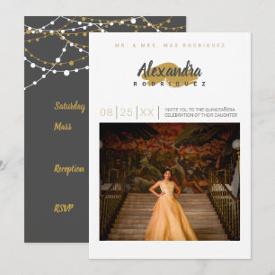 Steel Grey & Gold Photo Quinceanera Kaart