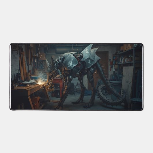 Steel Serpent – Mech Dragon Wolf Mousepad Bureaumat (Voorkant)