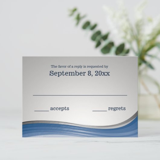 Steel Wave Blauw en Zilver Respons RSVP Kaartje (Staand voorkant)