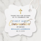 Steelblue en goud eerste heilige communie dank u bedankjes labels (Achterkant)