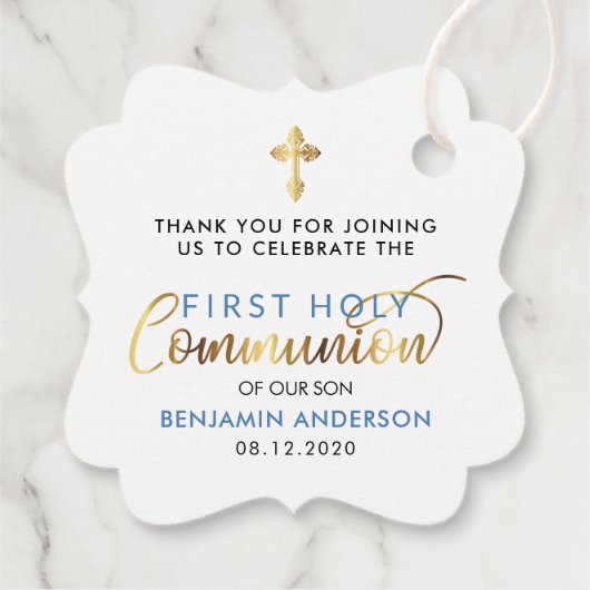 Steelblue en goud eerste heilige communie dank u bedankjes labels (Achterkant)