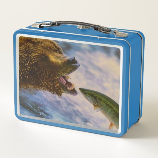 Steelhead zalm die in grizzly beren mond springt (Achterkant)