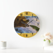 Steelhead zalm die in grizzly beren mond springt grote klok (Huis)