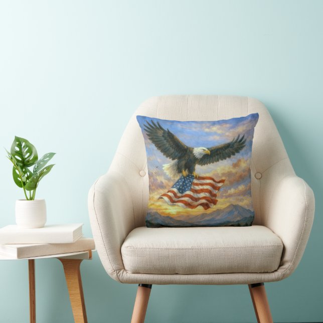 Steenarend vliegt met Amerikaanse vlag Kussen (Stoel)