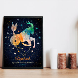 Steenbok Constellatie Zodiac Waterverf Galaxy Poster