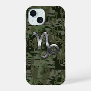 Steenbok Sterrenbeeld op olijfgroene digitale camo iPhone 15 Case