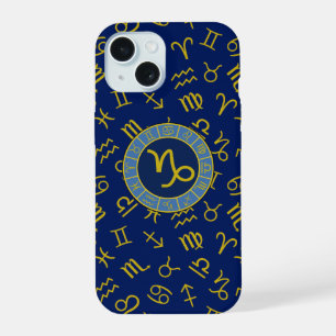 Steenbok Zodiac+Astrologie Symbolen Ptn Goud+Blauw iPhone 15 Case
