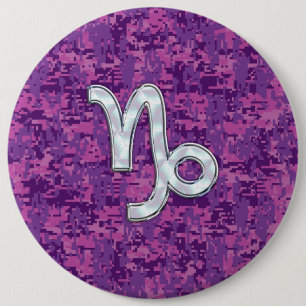  Steenbok Zodiac Symbool op Fuchsia Digitale Camo Ronde Button 6,0 Cm