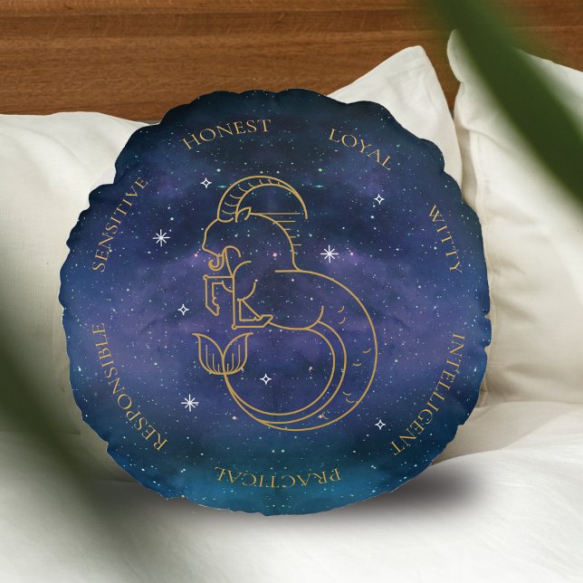 Steenbok Zodiac Teken Astrologie Persoonlijkheidsk Rond Kussen (Capricorn Zodiac Sign Astrology Personality Traits Round Pillow)