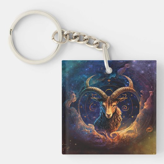 Steenbok Zodiac Teken Waterverf Ontwerp Sleutelhanger (Voorkant)