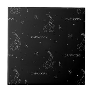 Steenbok Zodiacpatroon in Zwart en Wit Tegeltje