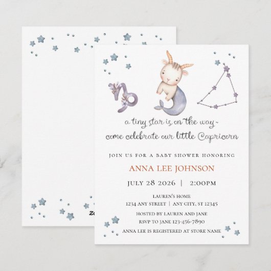 Steenbok Zodiacus Baby Borrel Uitnodiging (Voorkant / Achterkant)