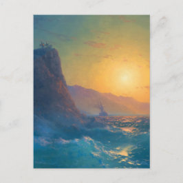 Steep rocky coast and a rough sea at sunset briefkaart