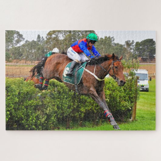 Steeplechase paard en rijder over de sprong legpuzzel (Horizontaal)