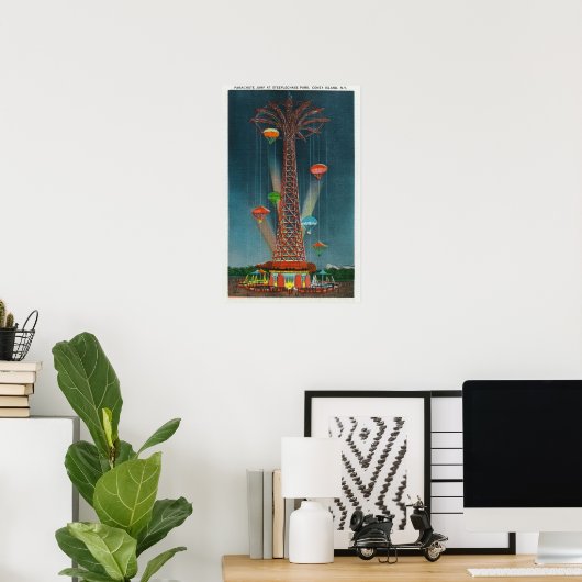 Steeplechase Park Parachute Jump Uitzicht bij nach Poster (Thuiskantoor)