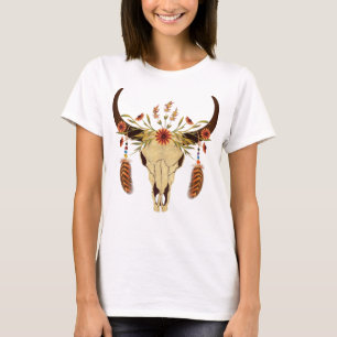 Steer Skull met Flowers en Feathers T-shirt