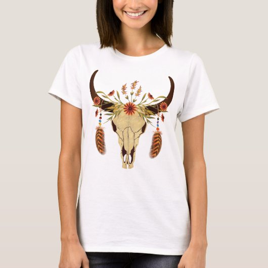 Steer Skull met Flowers en Feathers T-shirt (Voorkant)
