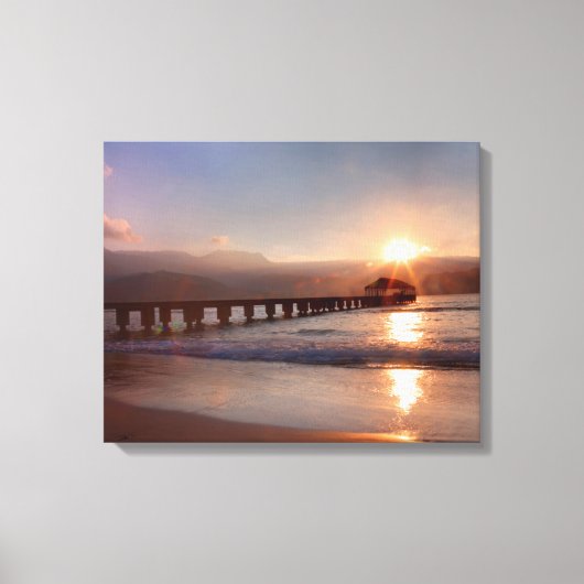 Steiger aan het strand bij zonsondergang, Hawaii Canvas Afdruk (Voorkant)
