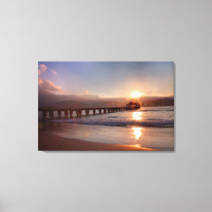 Steiger aan het strand bij zonsondergang, Hawaii Canvas Afdruk
