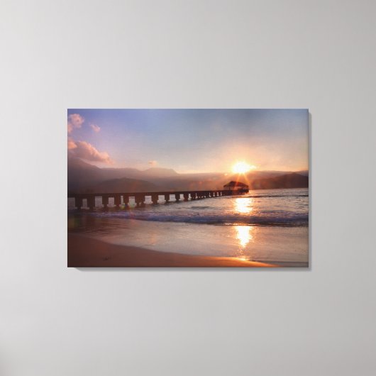 Steiger aan het strand bij zonsondergang, Hawaii Canvas Afdruk (Voorkant)