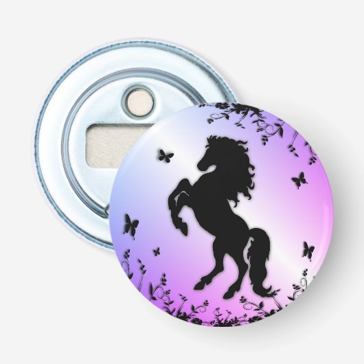 Steigerend zwart paard button flesopener (Voorkant)