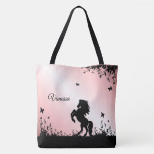 Steigerend zwart paard met naam op roze tote bag