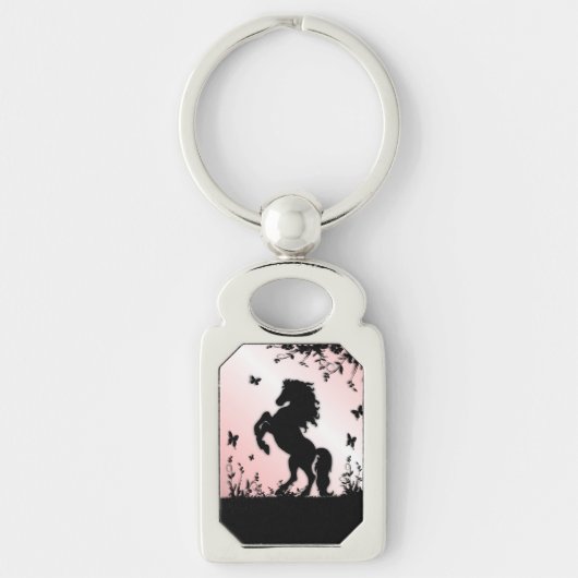 Steigerend zwart paard Roze Sleutelhanger (Voorkant)