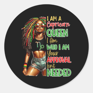 Steinbok Koningin Zwart Dames Afro-Amerikaans Juni Ronde Sticker