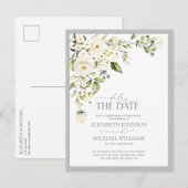 Stel de datum uit White Floral Greenery Wedding Aankondigingskaart (Voorkant / Achterkant)