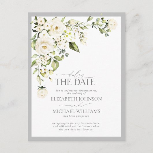Stel de datum uit White Floral Greenery Wedding Aankondigingskaart (Voorkant)