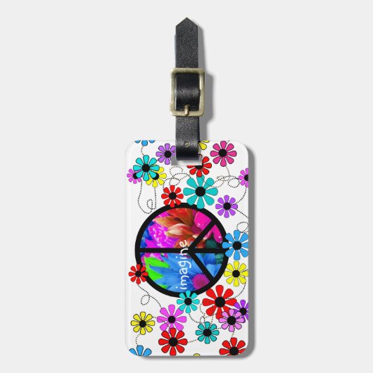 Stel je voor: Vredessymbool en Retro Flowers Bagagelabel (Voorkant verticaal)