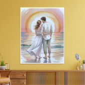 Stel op het strand bij zonsondergang canvas afdruk (Insitu (Woonkamer))