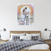Stel op het strand bij zonsondergang canvas afdruk (Insitu (Slaapkamer))