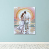 Stel op het strand bij zonsondergang canvas afdruk (Insitu (Houten vloer))